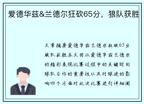 爱德华兹&兰德尔狂砍65分，狼队获胜