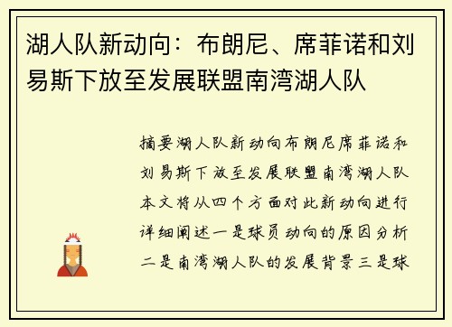 湖人队新动向：布朗尼、席菲诺和刘易斯下放至发展联盟南湾湖人队